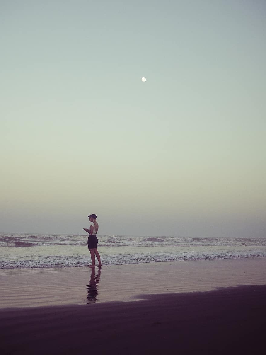 kvinne, Strand, hav, pike, vann, måne, person, solnedgang, kvinner, trener, silhouette