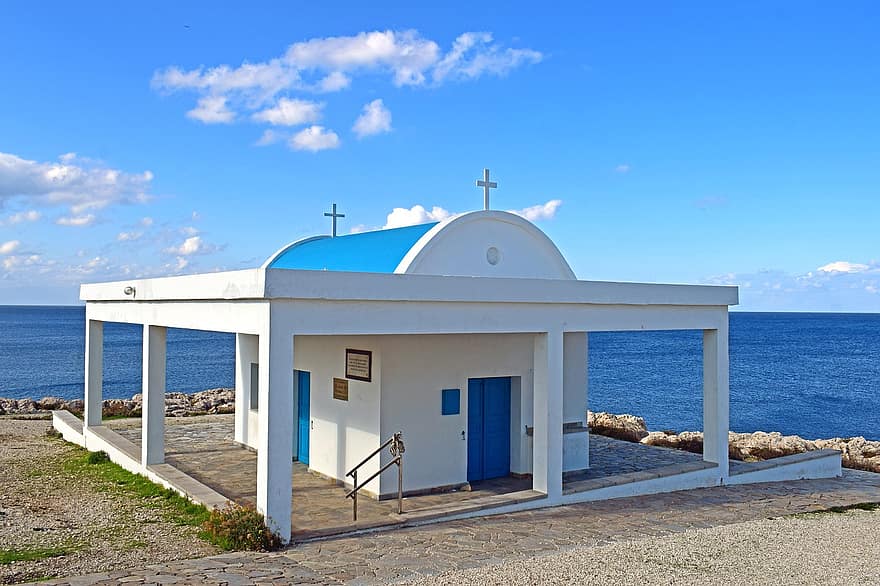 Iglesia, viaje, cavo greko, Ayii Anargiri, arquitectura, religión, cristianismo, azul, cruzar, verano, capilla
