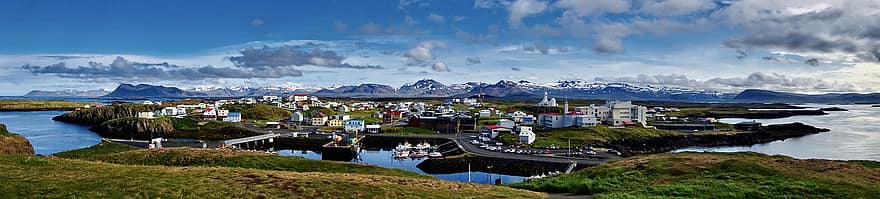 panorāma, pilsētas, Īslande, ostā, ciemats, dekorācijas, skatuvisks