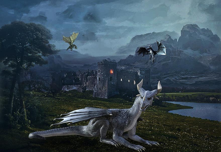 fantezie, dragoni, castel, munţi, creaturi mitice, mistic