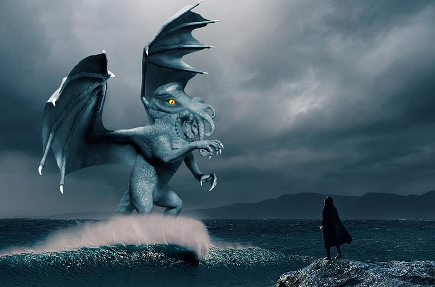 Fantasy, Mystic, Cthulhu, Monster, Sea, Storm, The Character, men, danger, water, flying
