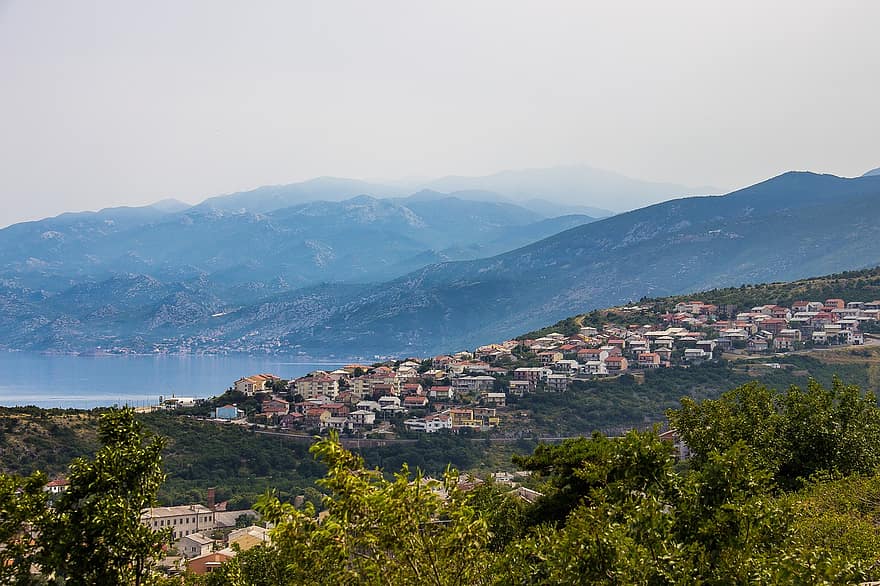 tájkép, hegyek, falu, város, kilátás a tengerre, Horvátország, hegy, nyári, kék, építészet, utazás