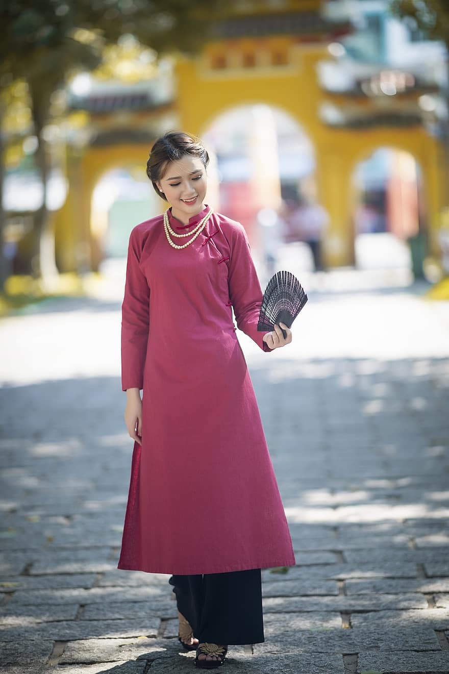 ao dai, moda, dona, ventall, Rosa Ao Dai, Vestit nacional del Vietnam, roba, tradicional, feliç, somriu, bonic