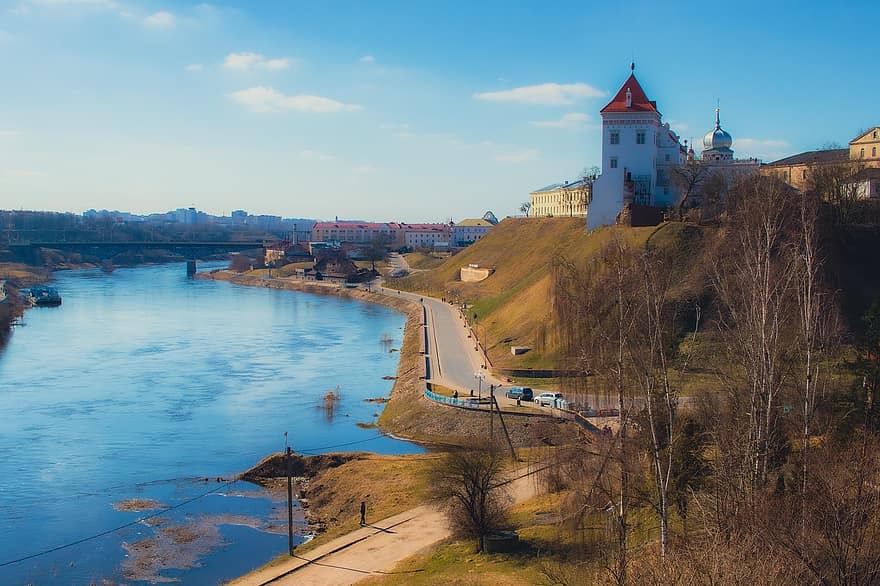ciudad, río, Grodno, belarus, neman, paisaje, naturaleza, castillo, lugar famoso, arquitectura, agua