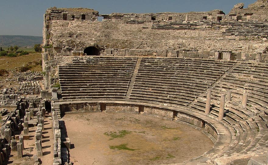 teatr, mile, indyk, budynek, ruina, grecki, architektura, podróżować, śródziemnomorski, rzymski, zwiedzanie