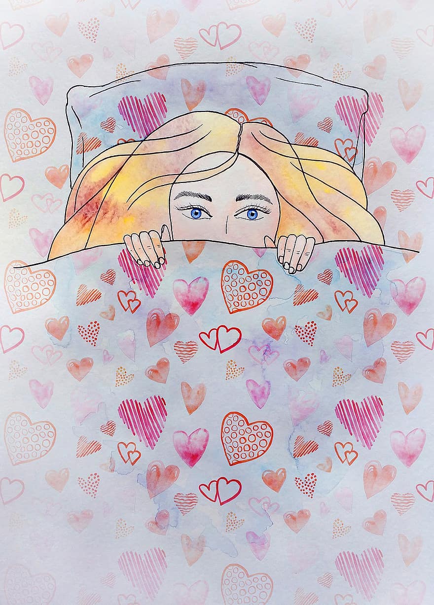 Girl, Bed, Blanket, Peep, Under The Blanket, Hearts, Sleep, Wake Up, Cozy, Eyes, Hair