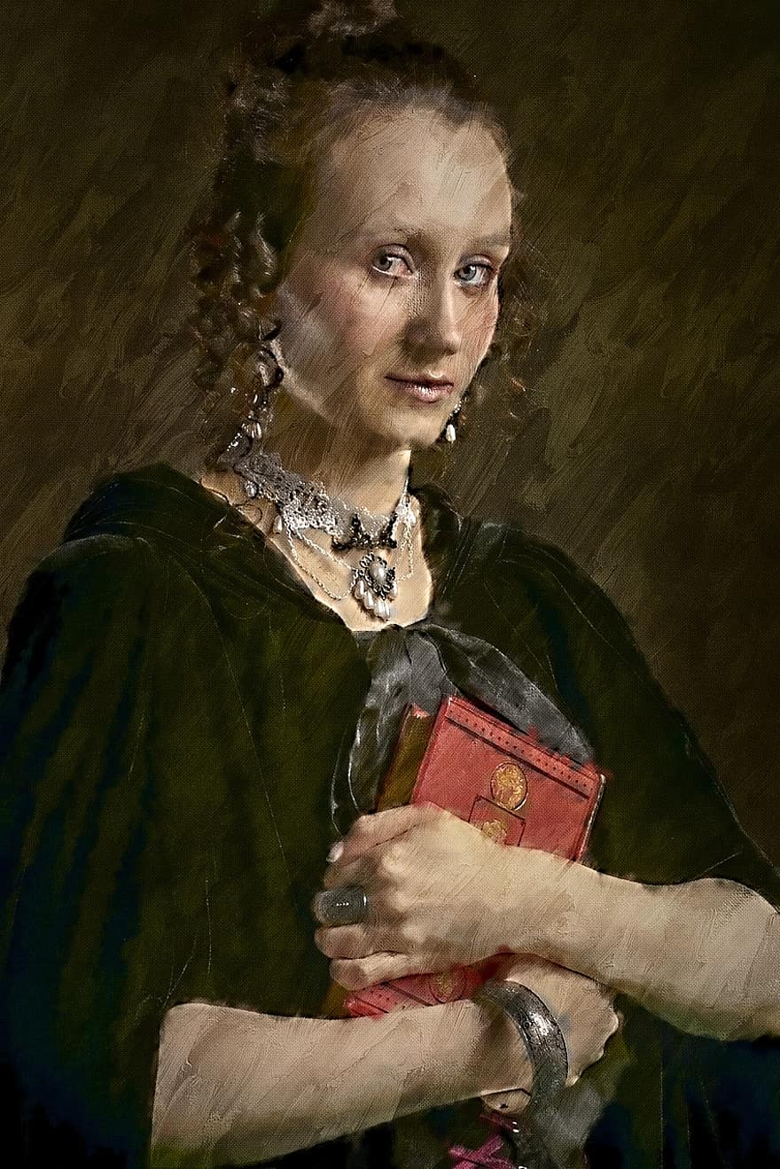 γυναίκα, Βιβλίο, φωτογραφία τέχνη, θηλυκός, κορίτσι, μοντέλο, μεσαιονικός, ζωγραφική, πορτρέτο