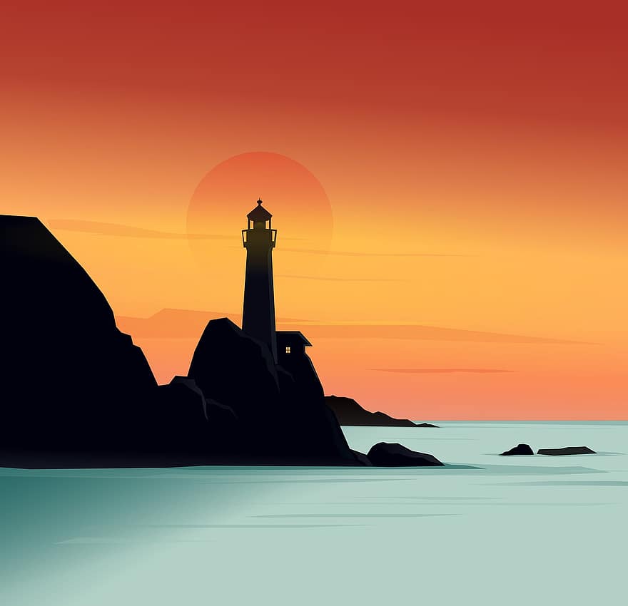Lighthouse, Sea, Ocean, Nature, Sky, Sunset, Dawn, Rocks, Island, Water, Moon