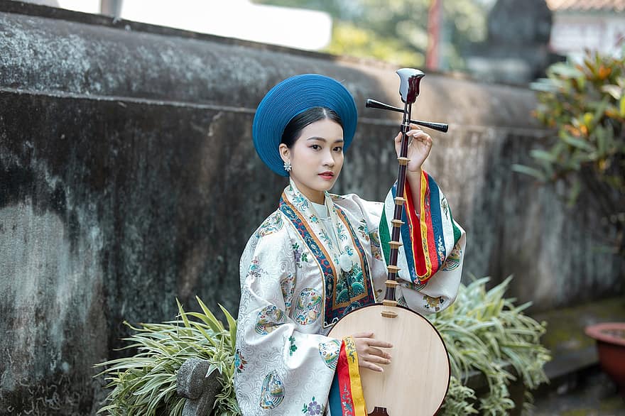 Viet Phuc, moda, instrument musical, roba, dona, Nhat Binh, tradicional, estil, vietnamita, asiàtic, instrument de corda