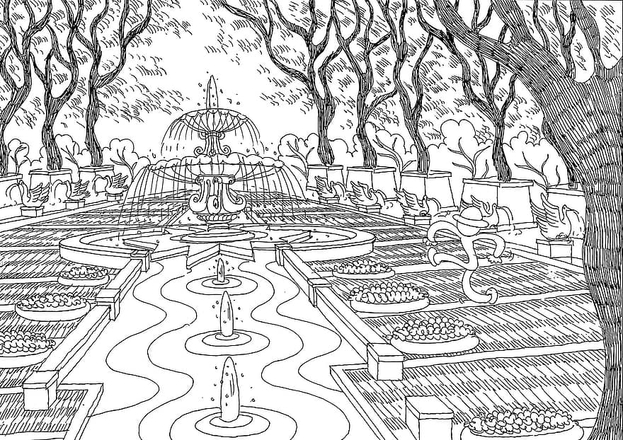 Fountain, Courtyard, Garden, Park, Drawing, Line Art, Coloring Page, illustration, tree, architecture, public park