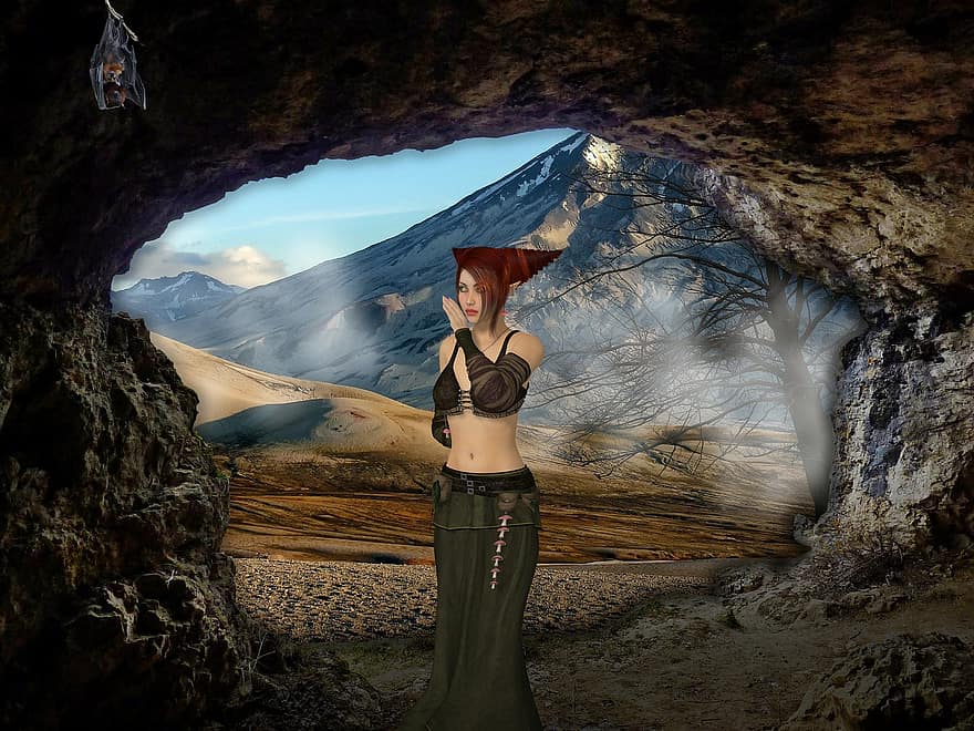 elfo, fantasia, grotta, montagne, pipistrelli, femmina, personaggio, arte digitale