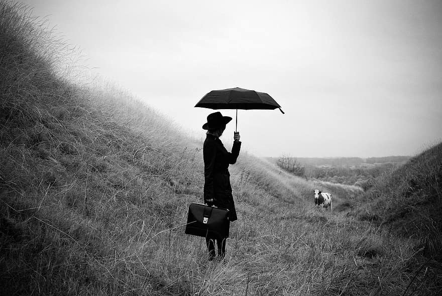 mujer, viajero, misterioso, solo, hembra, paraguas, noir, melancólico, barranco, campo, al aire libre