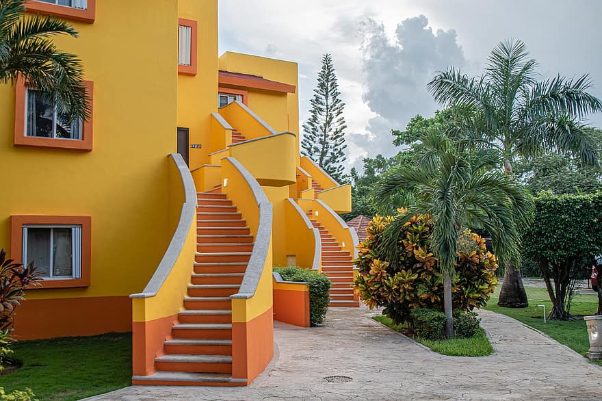 къща, живописен, стълбище, туризъм, тропически, архитектура, жълт, лято, външна сграда, дърво, стъпки