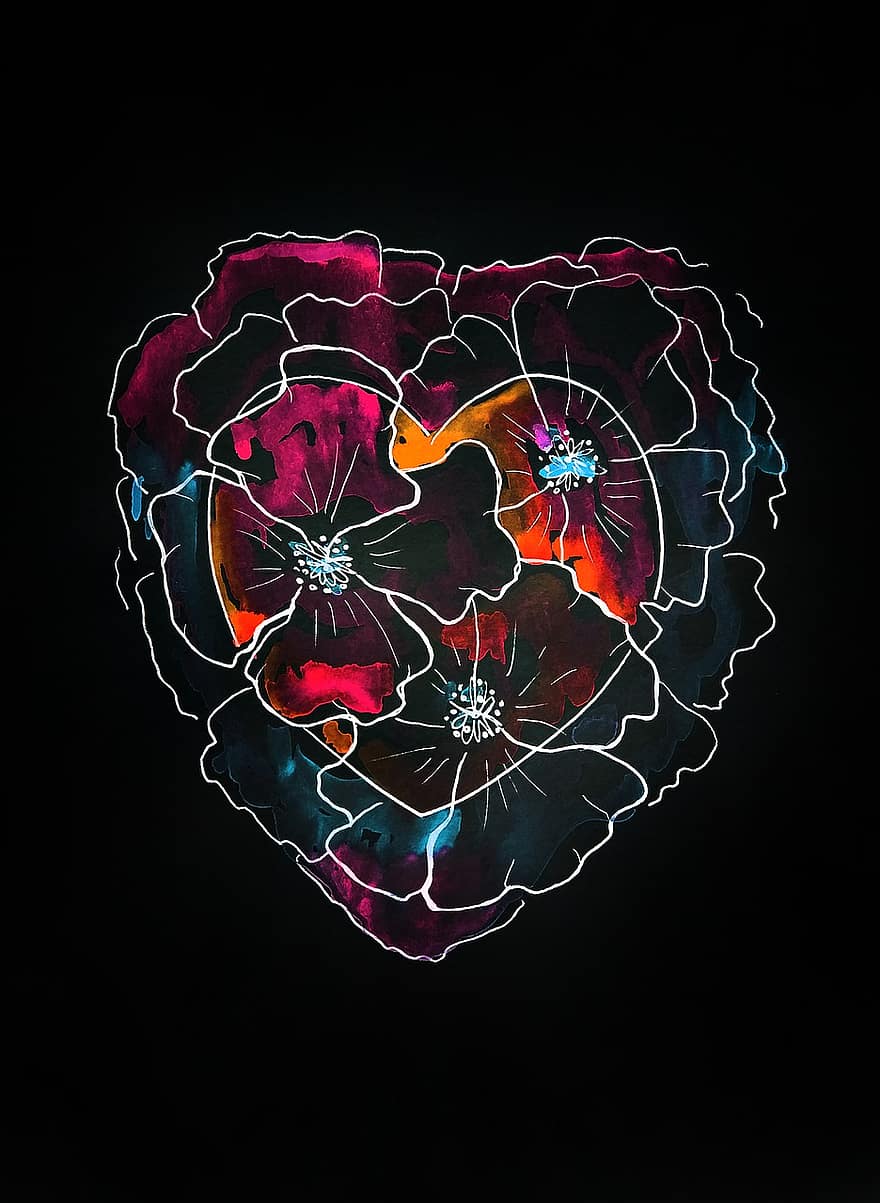 blomster, et hjerte, Kunst, design, prøve, kjærlighet, neon, farge, skisse, Håndlaget grafikk, følelser
