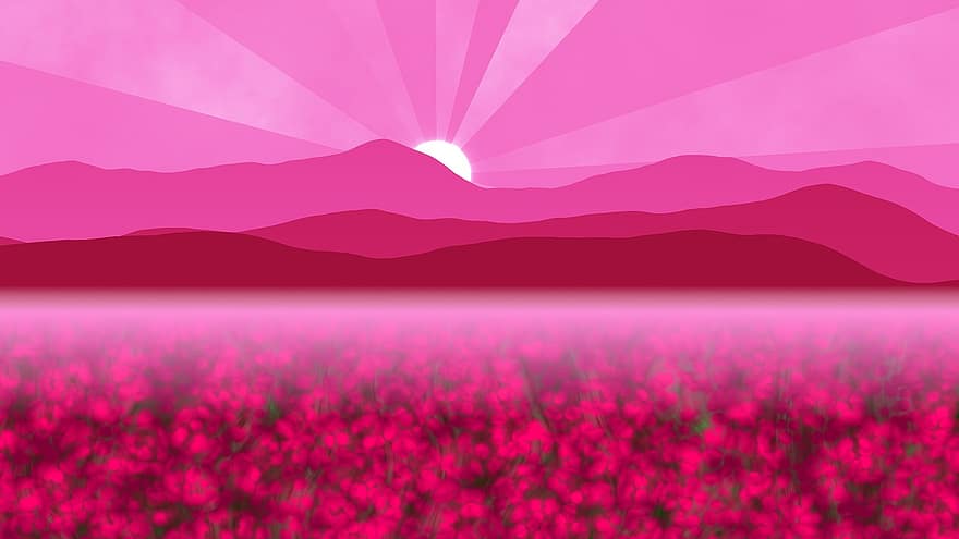 гори, Сонячні промені, польові квіти, фон, рожеве сонце, Рожева гора