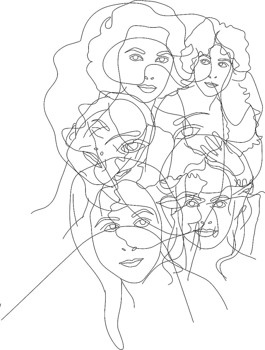 mulheres, face, desenhando, pessoa, bella, figura, retrato, conectados, composição, estampagem, fundo