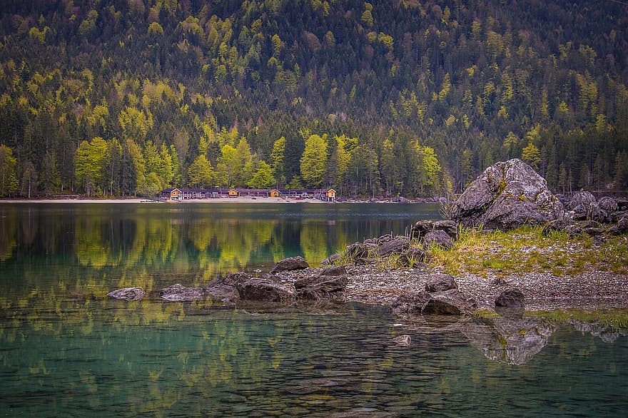 Bergsee, järvi, Saksa, Allgäu, maisema, vuoret, metsä, vesi, vuori, kesä, vihreä väri