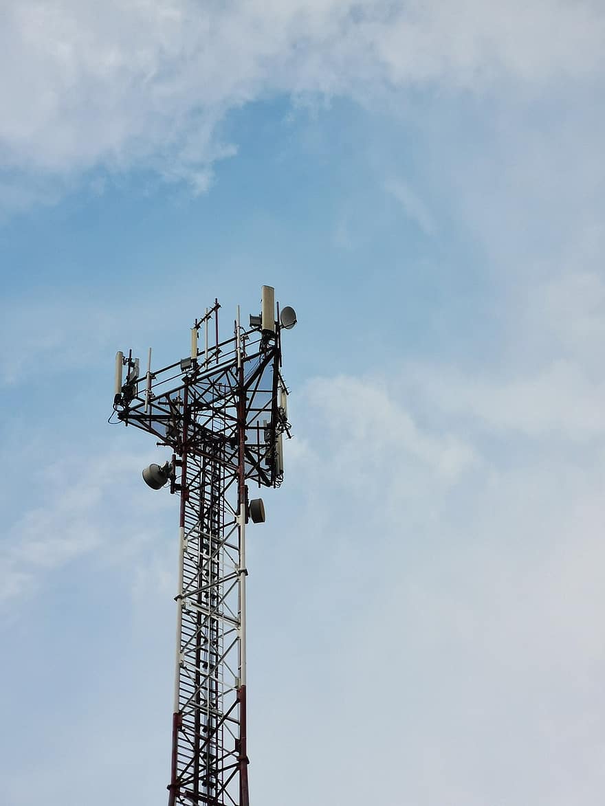 toren, radio-, signaal, verbinding, hemel, blauwe lucht, wolken, blauw, uitrusting, technologie, bouwindustrie