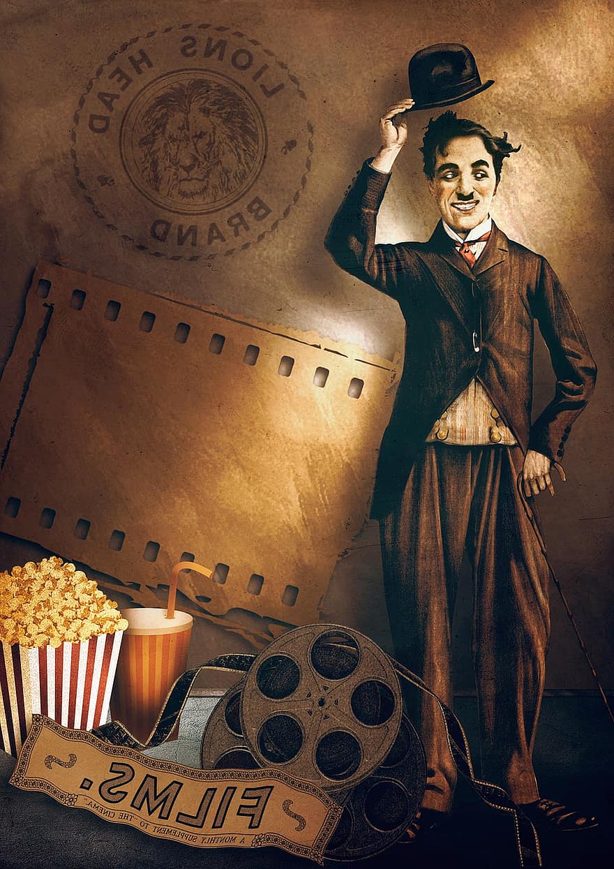 Чарли Чаплин, пуканки, филмова ролка, филмова лента, покана, Посетете киното, Ваучер за кино, входен билет, филмова прожекция