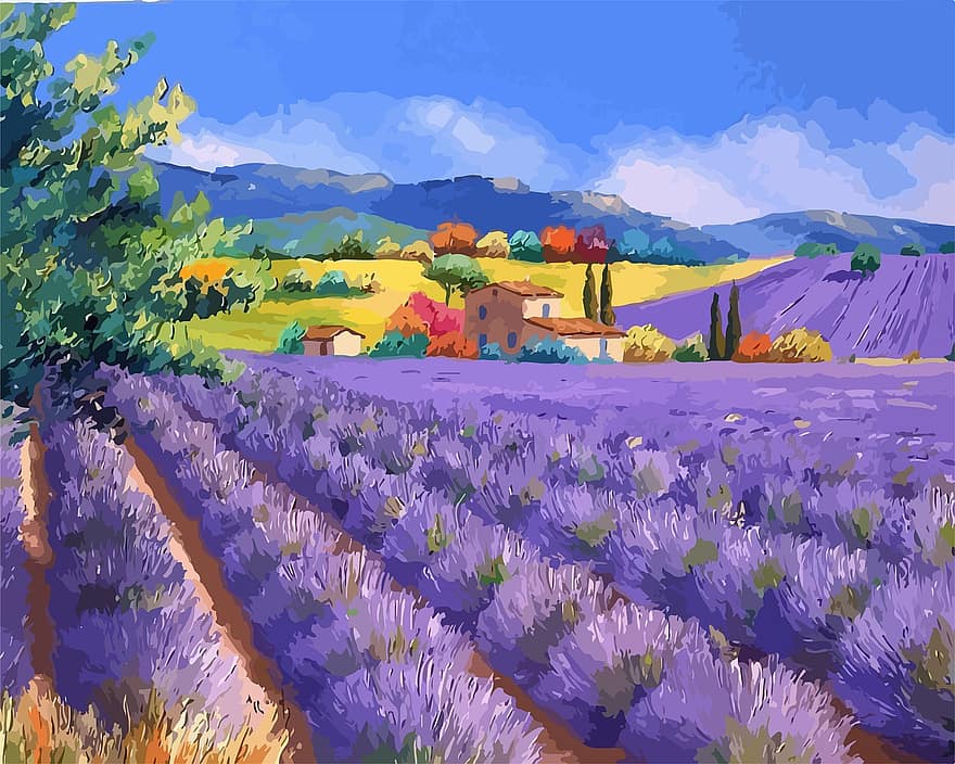 Nature, Field, Oil Painting, Painting, House, Meadow, Flowers, Landscape, Beauty, Summer, Spring
