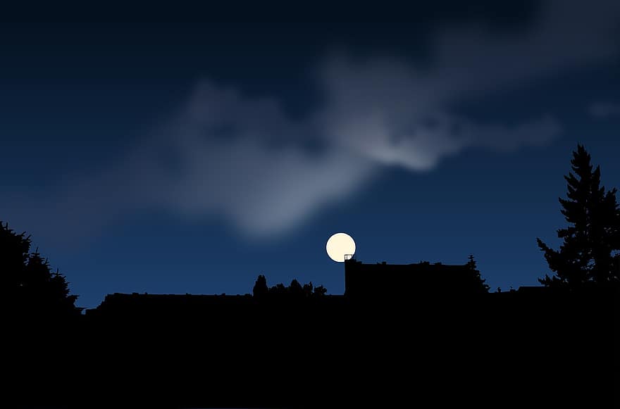 月夜、ダーク、空、シルエット、雲、夜、満月、スターンロス、不思議な