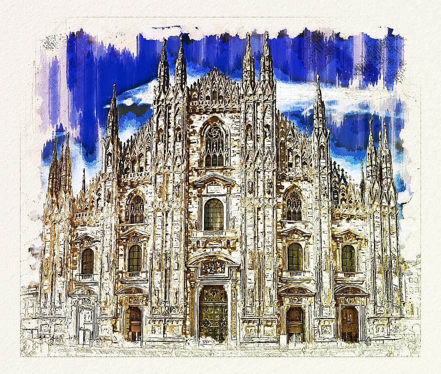 kathedraal, architectuur, schilderij, stad, reizen, reis, kerk, toerisme, Italië, Europa, Milaan