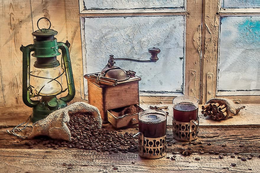 Vintage, Old, Lantern, Light, Window, Coffee, Cup, Glass, Beans, Grinder, Indoor Wood