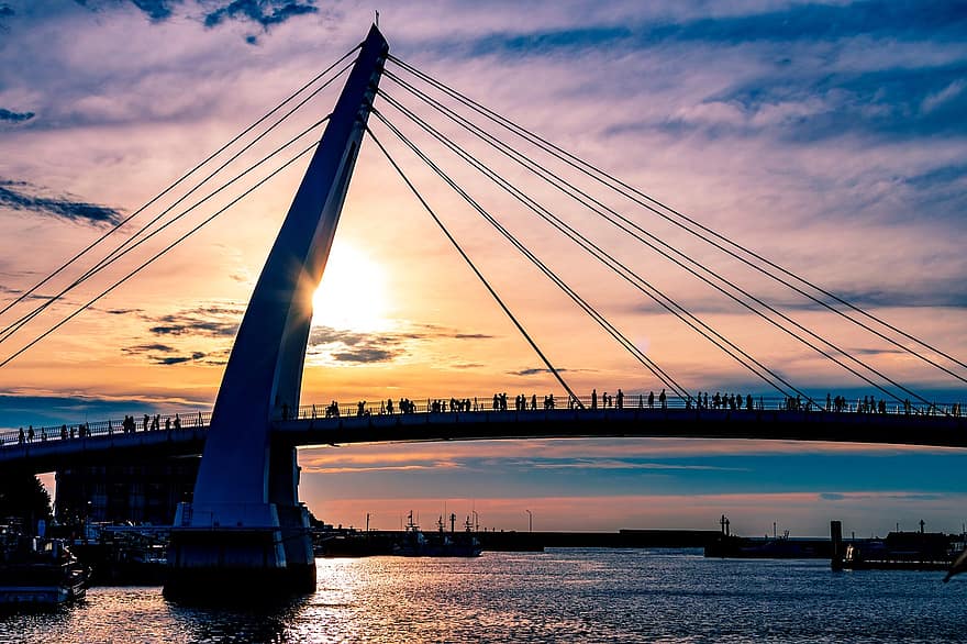 ponte, fiume, tramonto, Alba, crepuscolo, architettura, mare, città, acqua, luci, punto di riferimento