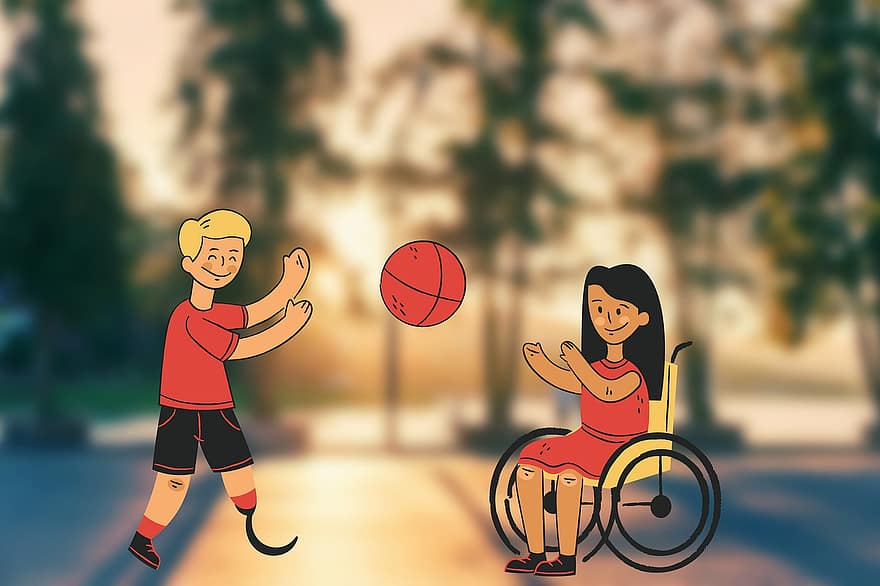 Discapacitat Física, jugar, pilota, amics, cadira de rodes, activitat física, joc, noi, noia, feliç, joia