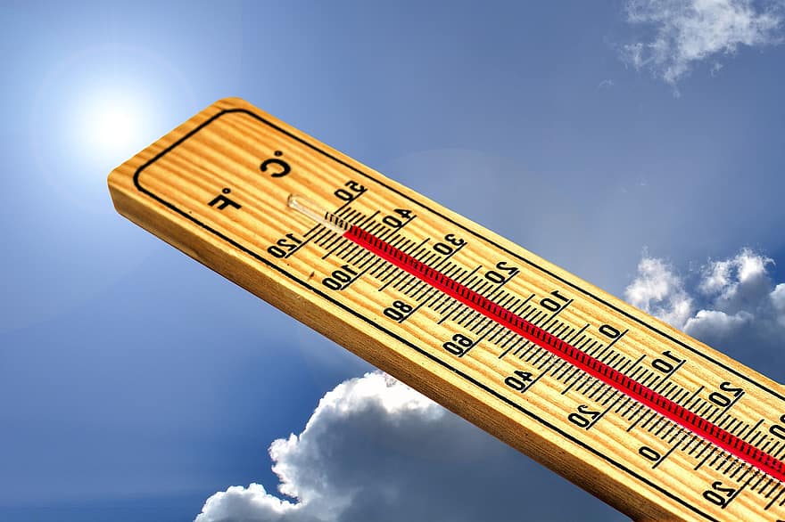 温度計、夏、Heiss、熱、太陽、温度、エネルギー、空、天気、気候