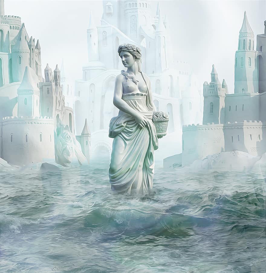 жінка, статуя, море, замок, містичний, мрія, історія, атмосфера, хмари, магія
