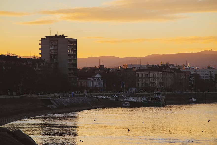 fiume Danubio, tramonto, città, fiume, urbano, crepuscolo, paesaggio urbano, paesaggio