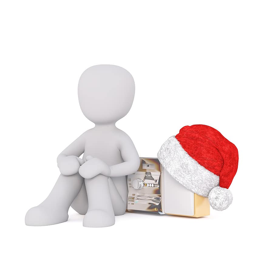 hvit mann, 3d modell, figur, hvit, jul, santa hat, musikk boks, sitte, hvile, gatemusikere, Full kropp