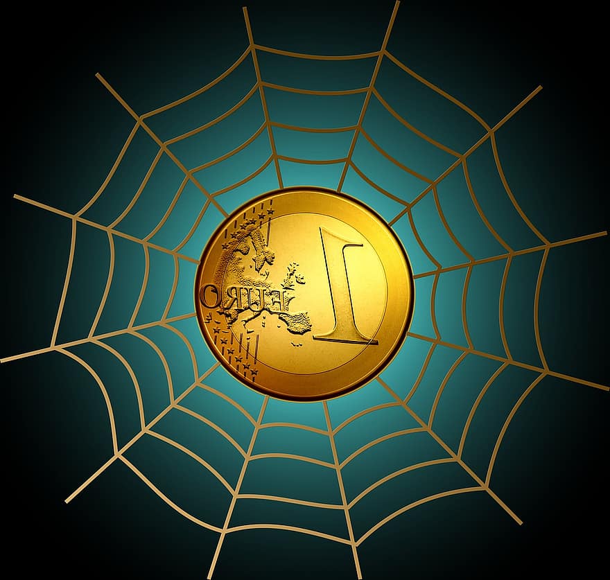 Euro, Währung, Geld, Spinnennetz, Netz, Europa, Weltwirtschaft, Geschäft, Spekulation, Zahlungsmittel und Zahlungsmitteläquivalente, spekulieren
