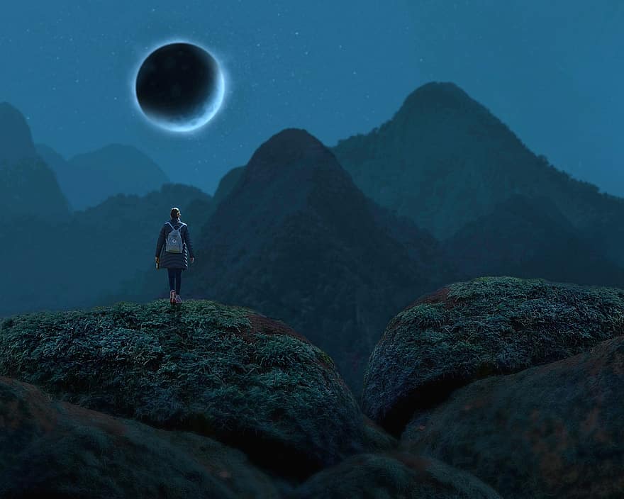 Луна, затмение, звездное небо, холмы, встреча на высшем уровне, гора, туман, туманный, деревья, камень, трава