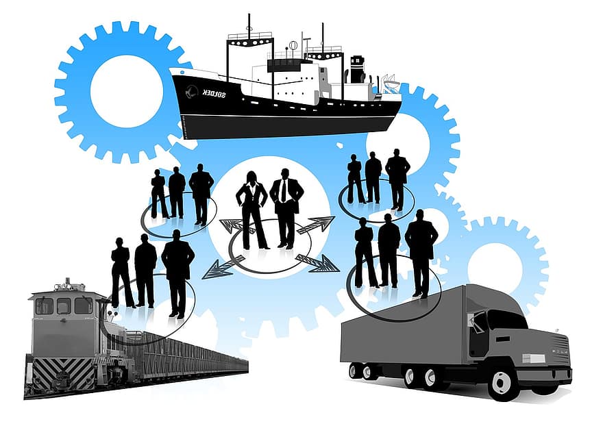 logística, camió, tren de càrrega, frachtschiff, personal, grup, engranatges, transmissió, interacció, edifici, pla