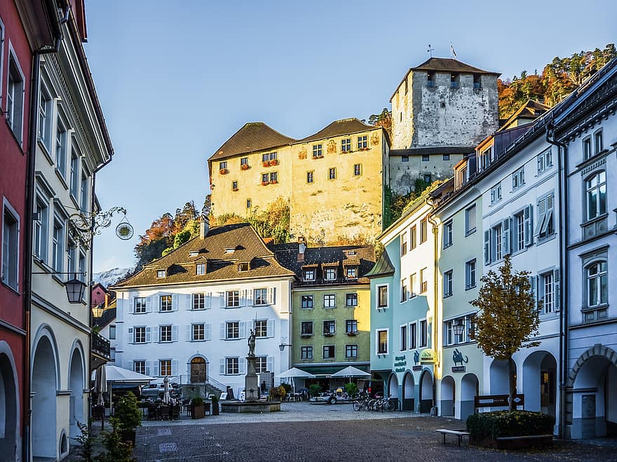 castelo, prédios, estrada, Feldkirch, vorarlberg, cidade, rural, centro histórico, arquitetura, lugar famoso, história