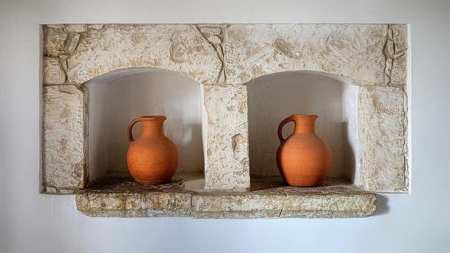 Carafes, Jars, Wall, Stone Wall, Architecture, Pottery, Earthenware, Decorative, Natural Stone, Decoration