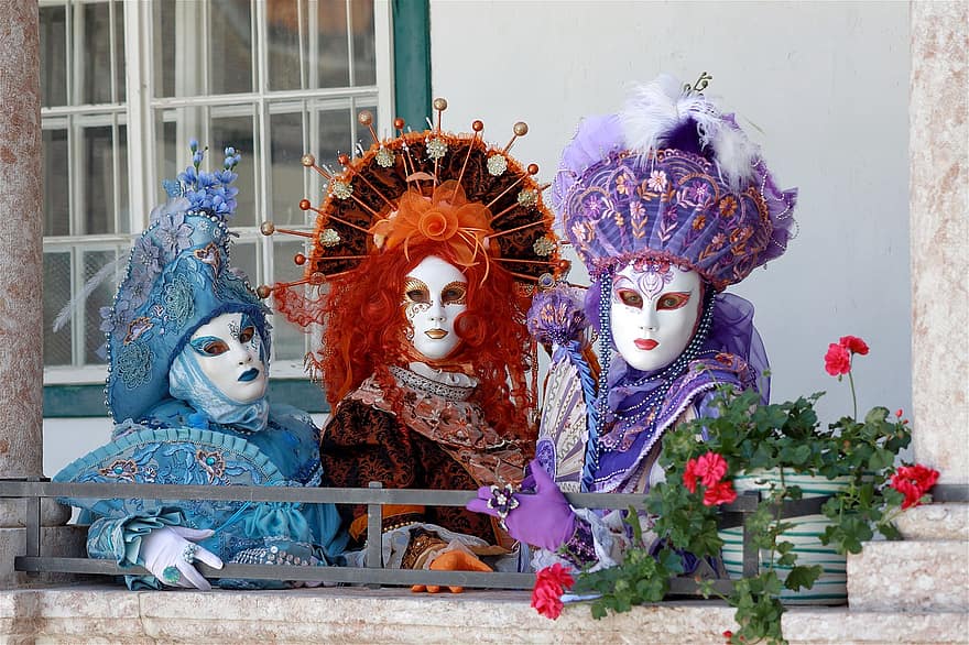 karnevál, velencei karnevál, kosztüm, álarcos mulatság, fesztivál, nők, velencei maszk, rejtélyes, többszínű, maszk, elrejt