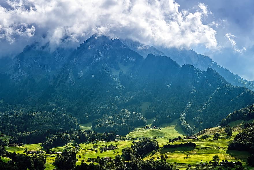 पायलट, स्विट्ज़रलैंड, पहाड़ों, परिदृश्य, प्रकृति, घास का मैदान, आल्पस, शिखर सम्मेलन, बादलों, झील सरस, एक प्रकार की घास जिस को पशु खाते हैं