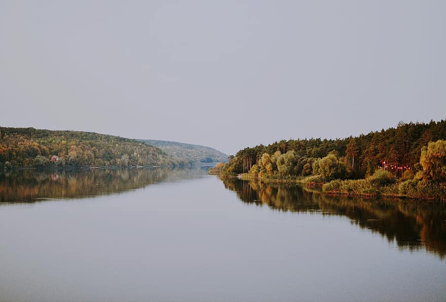 река, лес, осень, воды, дерево, пейзаж, синий, отражение, сельская сцена, летом, желтый