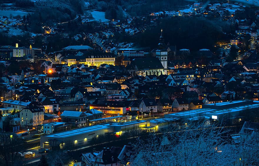 Town, Night, Winter, Village, Season, North Rhine Westphalia, cityscape, dusk, illuminated, architecture, urban skyline