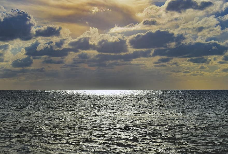 mer, ciel, horizon, des nuages, le coucher du soleil, eau, paysage marin, crépuscule, après midi