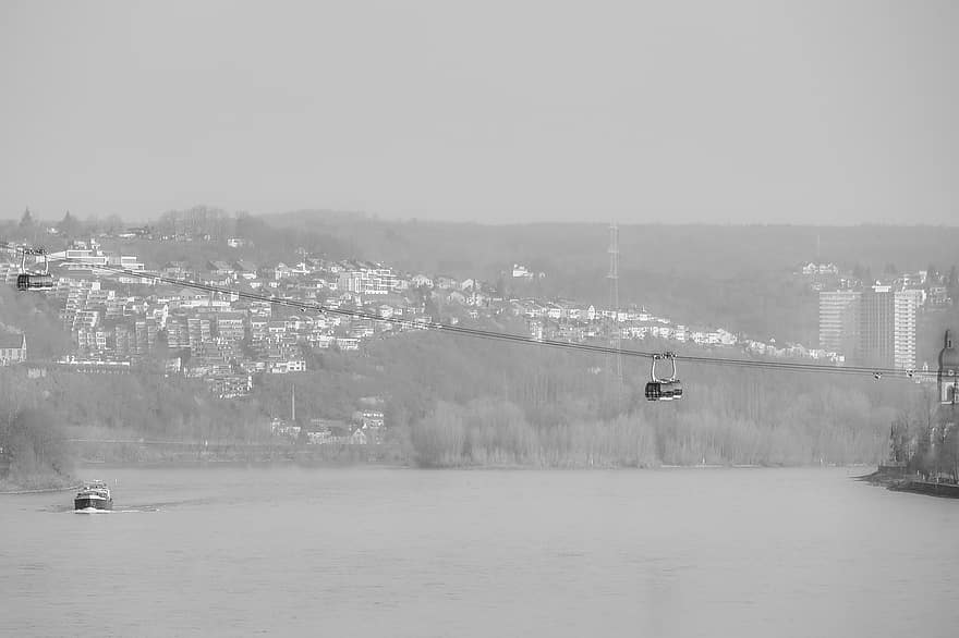 taubane, by, Koblenz, svart og hvit, turistattraksjon, landemerke, bybildet