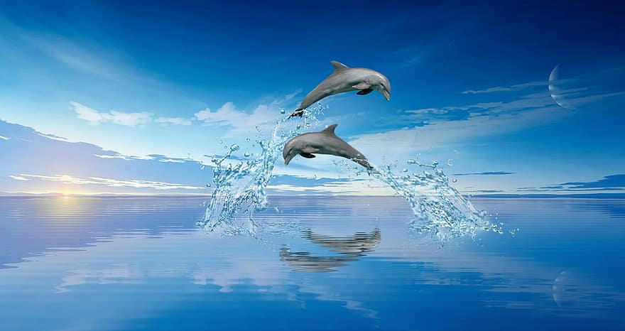 mamalia, lumba-lumba, laut, tenang, margasatwa, alam, lumba-lumba melompat, pemandangan, langit, indah, ikan