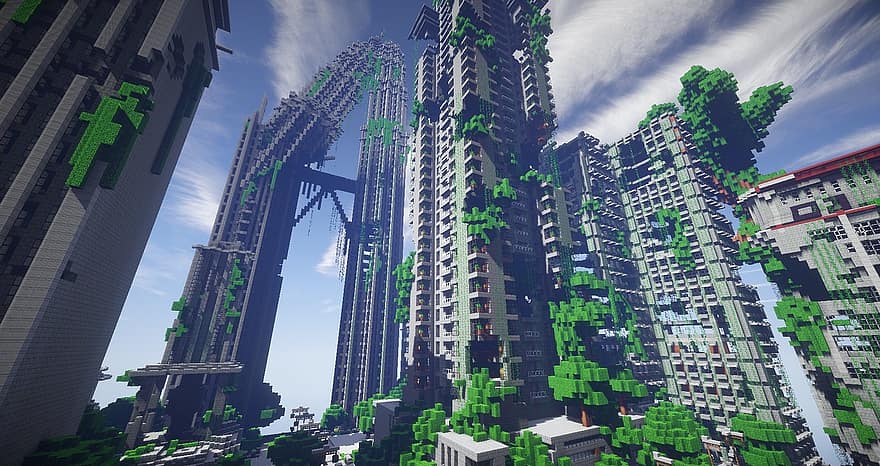 Minecraft, Giochi di sopravvivenza 2, carta geografica, città, grattacielo, grattacieli, irritato, di traverso, Shader, apocalisse, decaduto