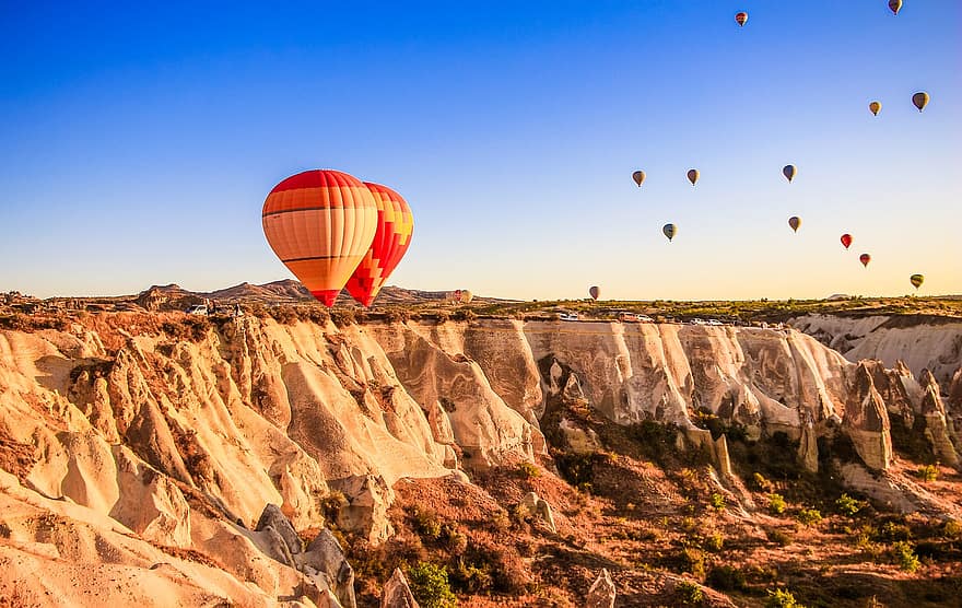 μπαλόνια με ζεστό αέρα, βουνά, cappadocia, πετρώματα, βραχώδη όρη, τοπίο, ο ΤΟΥΡΙΣΜΟΣ, ταξίδι, Τουρκία, μπαλόνια, ουρανός