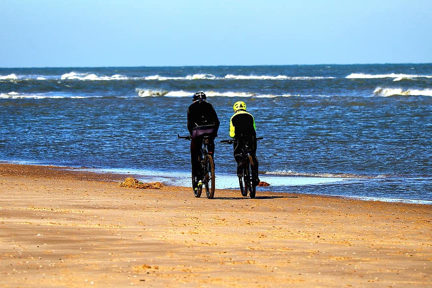 サイクリスト、海、ビーチ、スポーツの、自転車、砂、波、バイカー、バイキング、バイク、北海