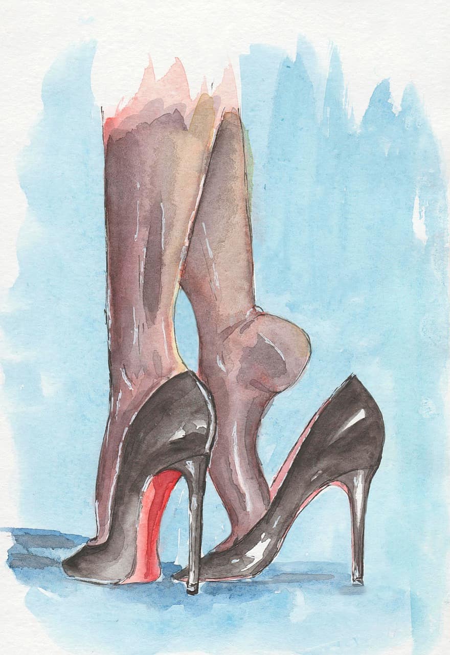 kurpes, sieviešu apavi, sūkņi, augstie papēži, modē, akvarelis zīmējums, ilustrācija, sievietēm, cilvēka pēdas, apģērbs, cilvēka kāju