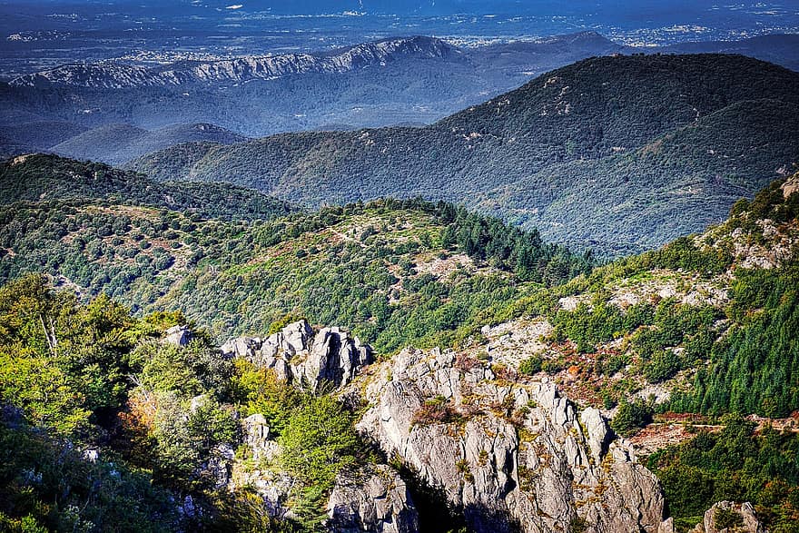 montanhas, arvores, floresta, falésias, cevennes, Parque Nacional, geologia, sul da França, Visão